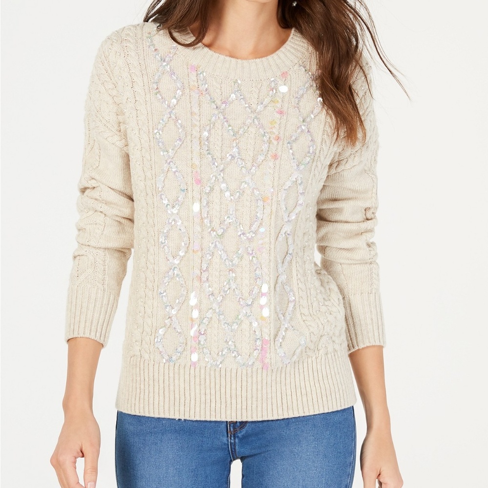 I.N.C. Petite Paiette Cable Pullover